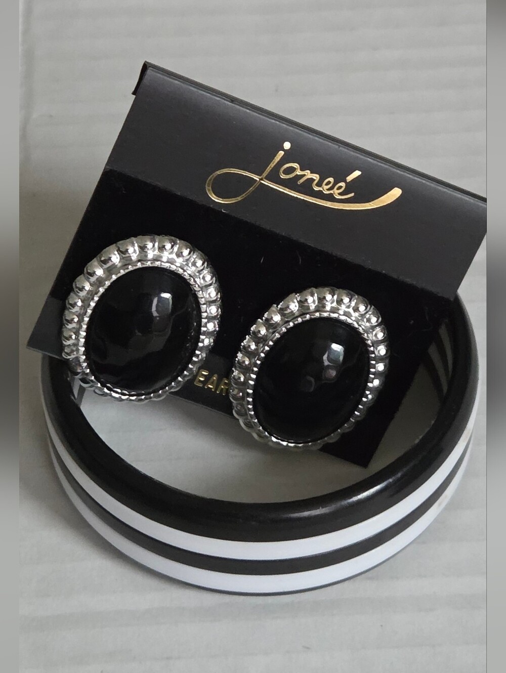 Jone'e Black & Silver Oval Statement Earrings With Black & White Bracelet NWT